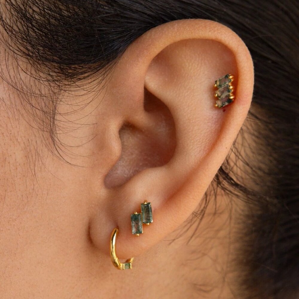 Caitlyn Minimalist Moss Agate Cartilage Earrings Set of 3, 18K, Sterling Silver